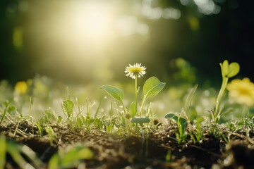 A single flower stands out in a sunlit field, surrounded by green grass and soft natural light, symbolizing growth and resilience.