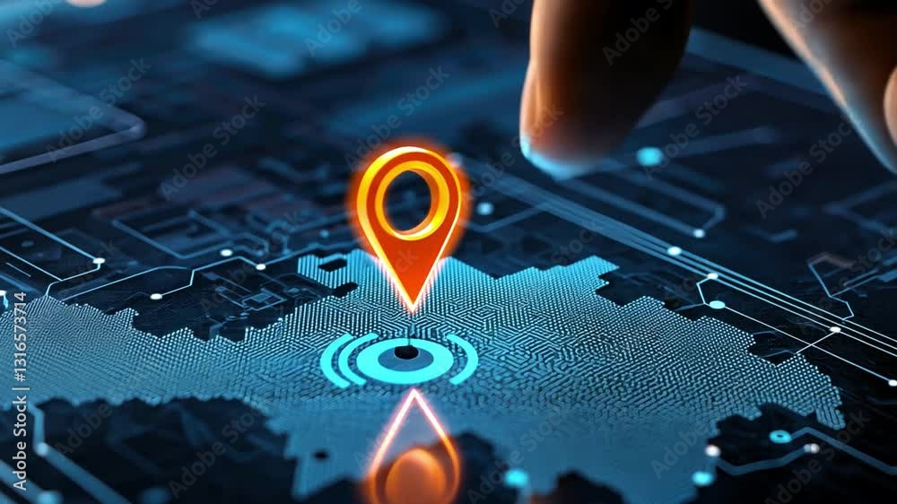 Poster high-tech digital map with location pin symbolizing data connectivity and modern navigation techniqu