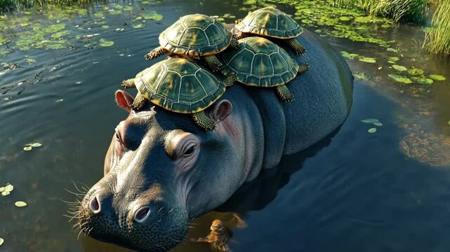 Hippopotamus with turtles on its back in a marsh