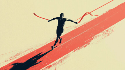 Naklejka premium A runner celebrates victory by crossing the finish line, arms outstretched, breaking the vibrant red ribbon against a soft light background, showcasing determination and achievement.