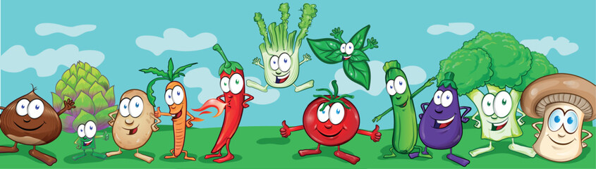 Horizontal background Cartoon vegetables characters set. clip art vector illustration
