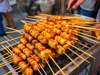 Delicious Street Food Skewered and Grilled Potatoes, Authentic Asian Cuisine, Food Photography, Close-up View