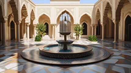 Obraz premium Serene courtyard oasis with architectural arches and water fountain