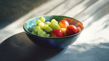 Fototapeta premium Sunlit bowl of green grapes and ripe nectarines.