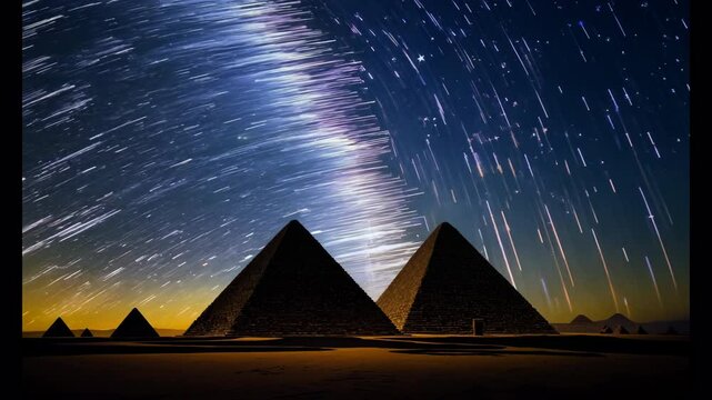 Ancient Egyptian pyramids of Giza stand silhouetted against the night sky in the desert landscape