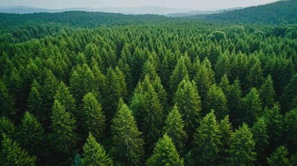 Aerial view showcasing a vast expanse of evergreen coniferous forest