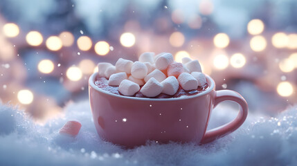 Cozy winter scene with a pink mug filled with hot chocolate and marshmallows.