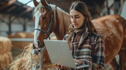 A woman in a plaid jacket uses her laptop in a stable while a horse eats hay in the background.