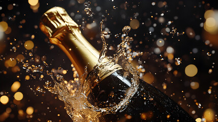 Champagne Bottle with Golden Splash and Bokeh Lights on Dark Background