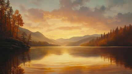 Fototapeta premium Serene autumn sunset over calm lake reflecting golden sky and mountains.