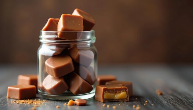 Stack of caramel-filled chocolates in a clear glass jar, sweet, caramel filled chocolate, treats