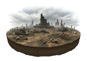 Abandoned War Landscape With Ruins And Overcast Sky