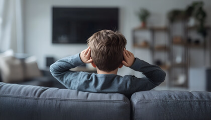 Autism concept. Lonely boy covering ears on sofa at home, rear view