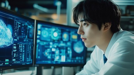 Focused Young Scientist Analyzing Complex Data on Multiple Computer Screens Futuristic Technology Research Laboratory Modern Workplace Digital        