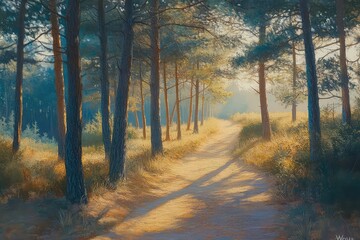 A peaceful woodland trail meandering through ancient pine groves, bathed in soft golden light.