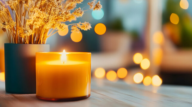 Soft candlelight shines on dried flowers, creating a serene atmosphere for evening calm