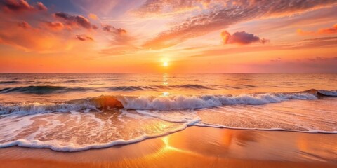 Fototapeta premium Golden Hour Serenity Ocean Waves Gently Kissing the Sandy Shore at Sunset