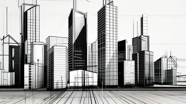 Minimalistic architectural illustration of modern city skyline with geometric shapes and lines in monochrome style emphasizing urban development and design