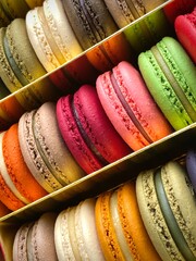 Three rows of colorful macarons (macaroons) french dessert in a box. Pastry.