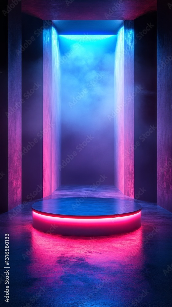 Poster a captivating display features a circular platform illuminated by vibrant blue and pink lights, set 