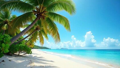 Obraz premium Lush palm trees arch over a pristine, sandy beach , sunlight, coastline