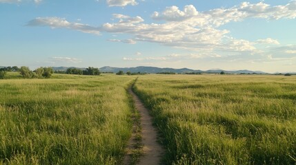 Path through verdant grassland leading to distant mountains under soft sky