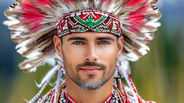 handsome muscular native American man wearing tribal attire and feather headdress or war bonnet looking at camera