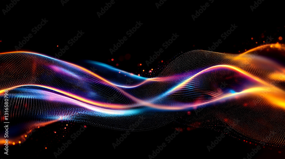 Poster Mesmerizing Glowing Waves of Radiant Digital Light Flowing Through the Cosmic Expanse  Captivating abstract visualization of energy motion and technology in a futuristic ethereal landscape