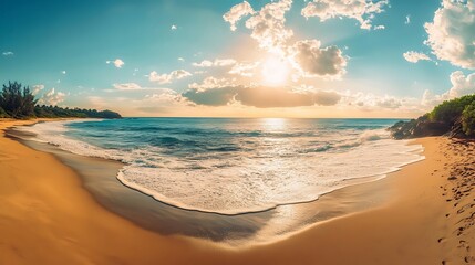 Obraz premium Golden Sunset Over Tropical Beach Paradise: Relaxing Waves and Scenic Coastal Landscape for Vacation Getaways.