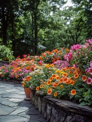 A garden with a variety of colorful flowers and plants. The flowers are arranged in pots and planters along a stone wall. The garden has a vibrant and lively atmosphere