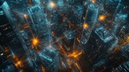 Futuristic Aerial Cityscape with Interconnected Networks and Glowing Lights