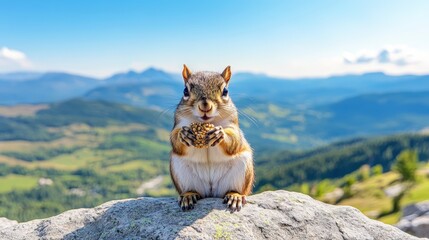 Obraz premium A cute squirrel sits on a rock, holding a pine cone, with a stunning mountain landscape in the background under a clear blue sky.