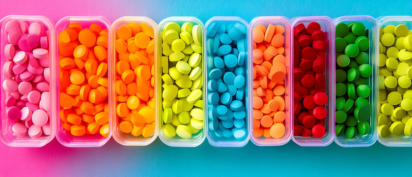 A colorful pill organizer box designed for weekly medication management, keeping track of daily doses for health and wellness