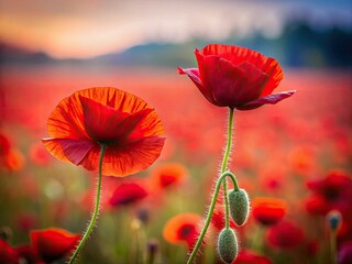 Obraz premium Macro close-up of vibrant red poppies, a tilt-shift effect blurs the surrounding field, creating a dreamy miniature landscape.