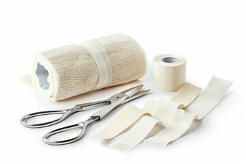 Fototapeta premium Medical scissors and bandages on white background healthcare supplies isolated view