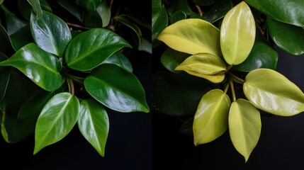 Obraz premium Philodendron leaf comparison displaying healthy versus nutrient deficiency