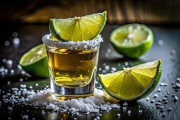 Macro close-up: Tequila's silver gleam, lime's vibrant green, coarse salt crystals against a dark, blurred backdrop.