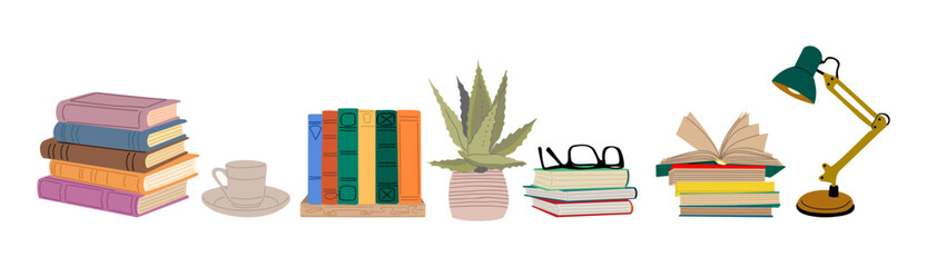 Books and reading set. Textbooks for academic studies, literature, houseplant, glasses, table lamp, cup of tea. Flat cartoon colorful vector illustrations isolated on transparent background. 