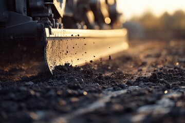 Grader leveling ground at sunset