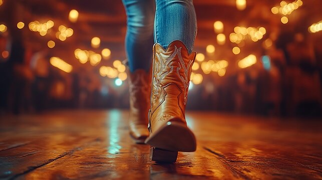 Woman's legs in cowboy boots on dance floor.