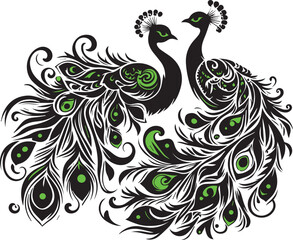 Graceful peacock couple with elaborate swirling tail feathers in black and white, detailed ornamental bird design, artistic wildlife illustration for nature-inspired decor