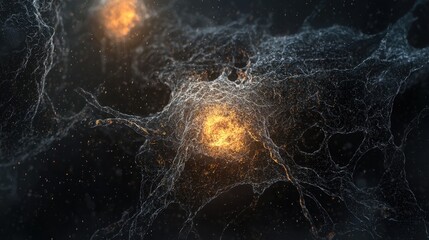 Glowing orange nodes are interconnected by intricate, translucent web-like structures in an abstract representation of neural activity. The dark background enhances the luminosity and detail.