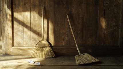 Wooden brooms resting against a wall