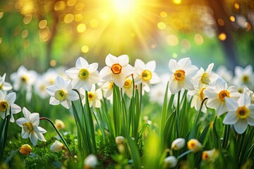 Fototapeta premium Miniature daffodil garden blossoms, a tilt-shift lens captures spring's vibrant miniature bloom.