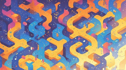 Abstract isometric shapes, vibrant colors, textured background, digital art, website banner
