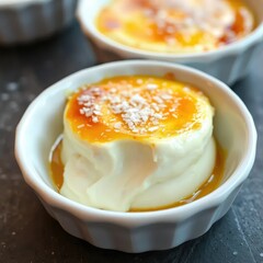 Creamy white creme brulee with a sprinkle of sea salt on top, crème brûlée, dessert