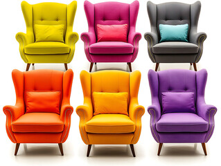 Fototapeta premium A vibrant collection of six wingback armchairs each upholstered in a different bold and cheerful color arranged on a white background.