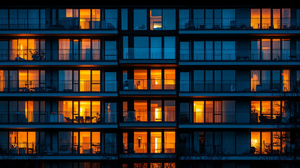Obraz premium Apartment building facade at night illuminated windows casting warm light against the cool blue darkness.