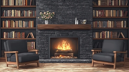 Cozy reading nook featuring a stone fireplace with a crackling fire flanked by bookshelves and comfortable armchairs.