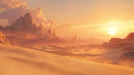 Naklejka premium Sunset over a vast, sandy desert with majestic mountains.